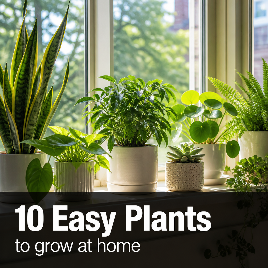 Easy beginner home plants in pots on a sunny window ledge