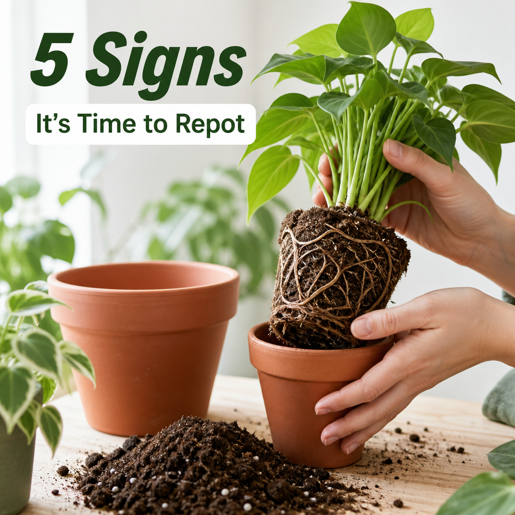 Root-bound houseplant lifted from a pot next to fresh potting mix for repotting